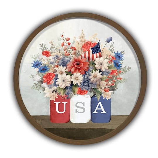 USA Mason Jar Florals Round Brown Framed Print